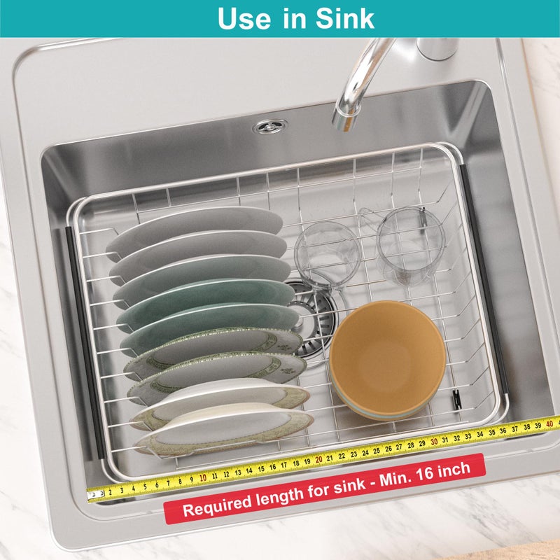 iPEGTOP Expandable Multifunctional Dish Drying Rack, Over The Sink, in Sink Or On Counter Dish Drainer Rack Organizer Shelf with White Utensil Silverware Holder, Rustproof Stainless Steel - Image 5